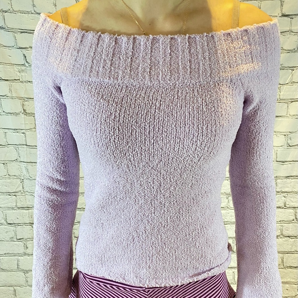 Fuzzy lilac off the shoulder flare sleeve top